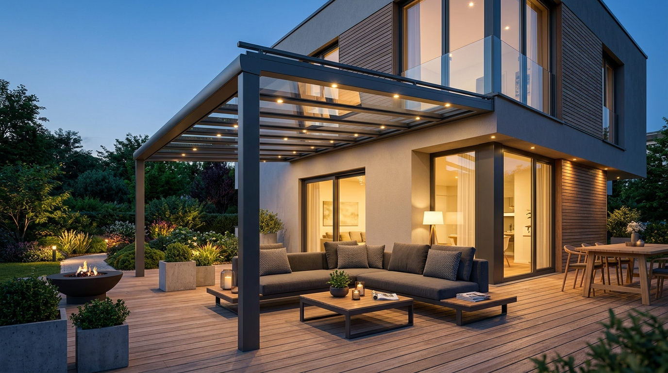 Moderne Aluminium- und Glas-Terrassenüberdachung mit integrierter LED-Beleuchtung an einem Augsburger Einfamilienhaus