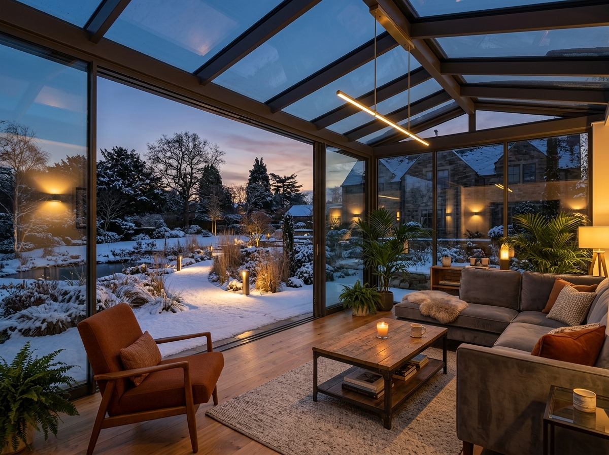 Panorama Wintergarten mit Ganzglas-Schiebewänden